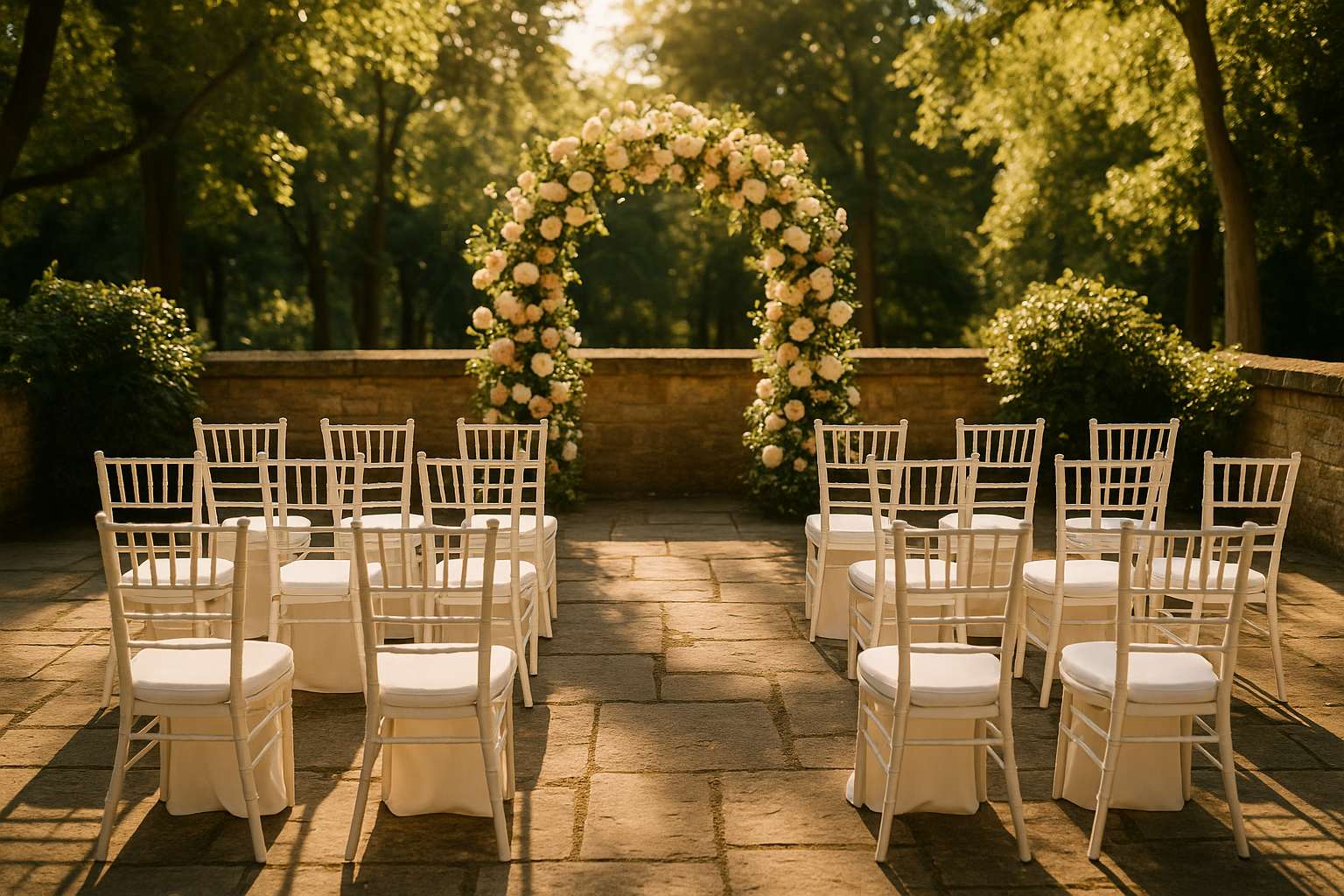 Intimate outdoor wedding ceremony with a bride in an elegant blush gown and a small guest gathering on a sunlit terrace surrounded by soft floral arrangements