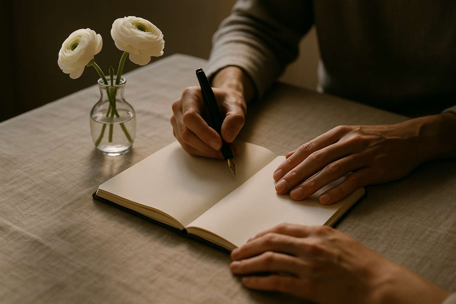 Couple's hands writing in a journal together at a linen-covered table with morning light and a small vase of white flowers