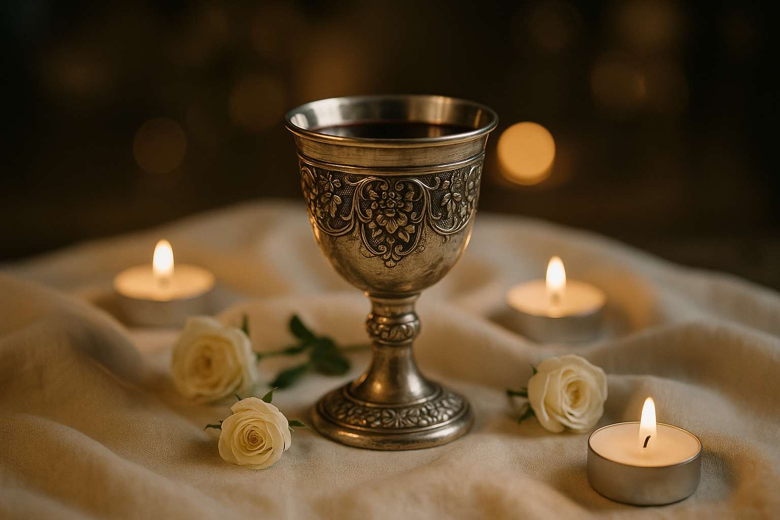 An ornate silver Kiddush cup surrounded by white roses and soft candlelight on a linen-draped ceremony table