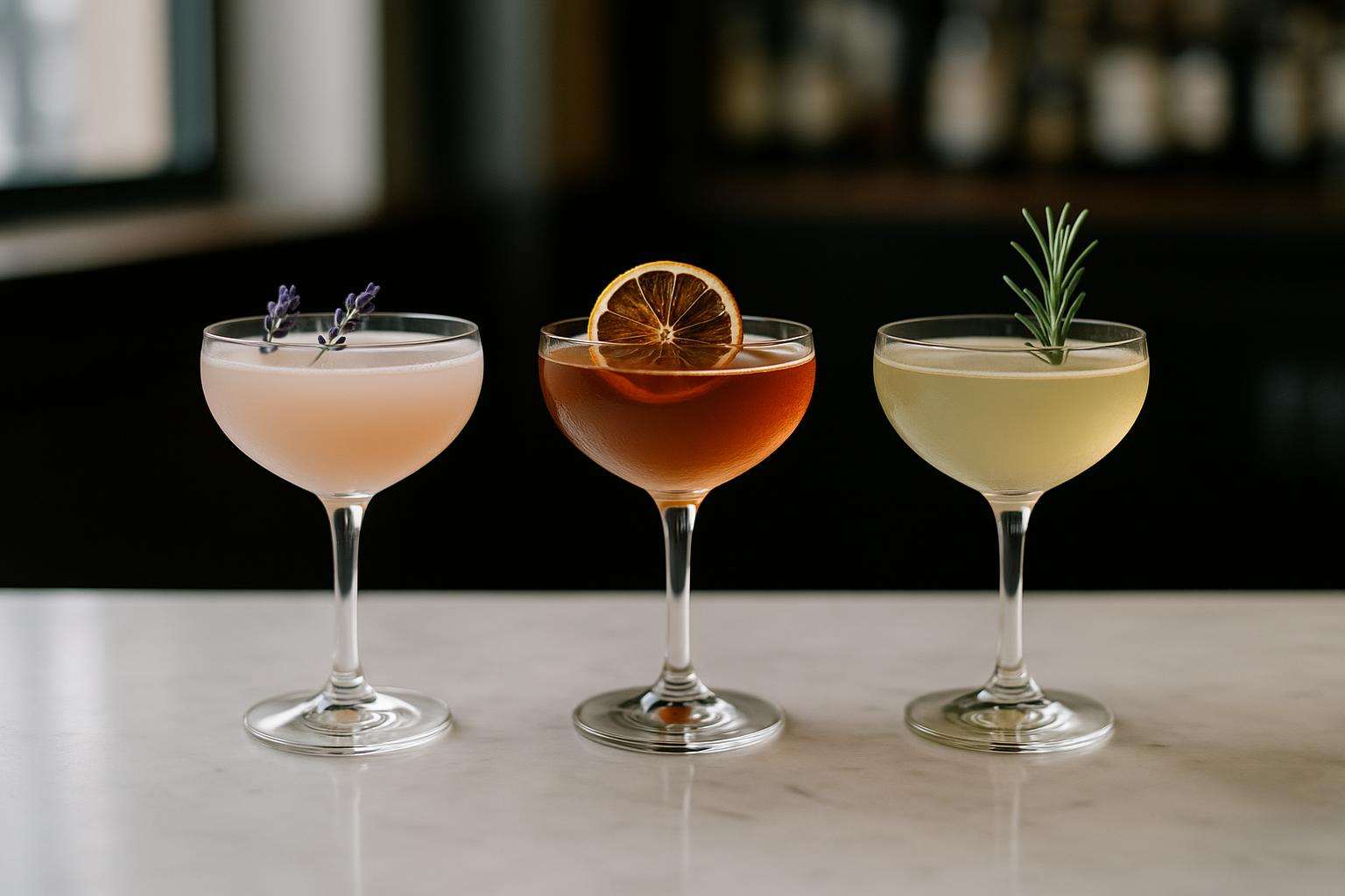 Three elegantly garnished cocktails in coupe glasses on a white marble bar top, with fresh herbs, edible flowers, and dehydrated citrus