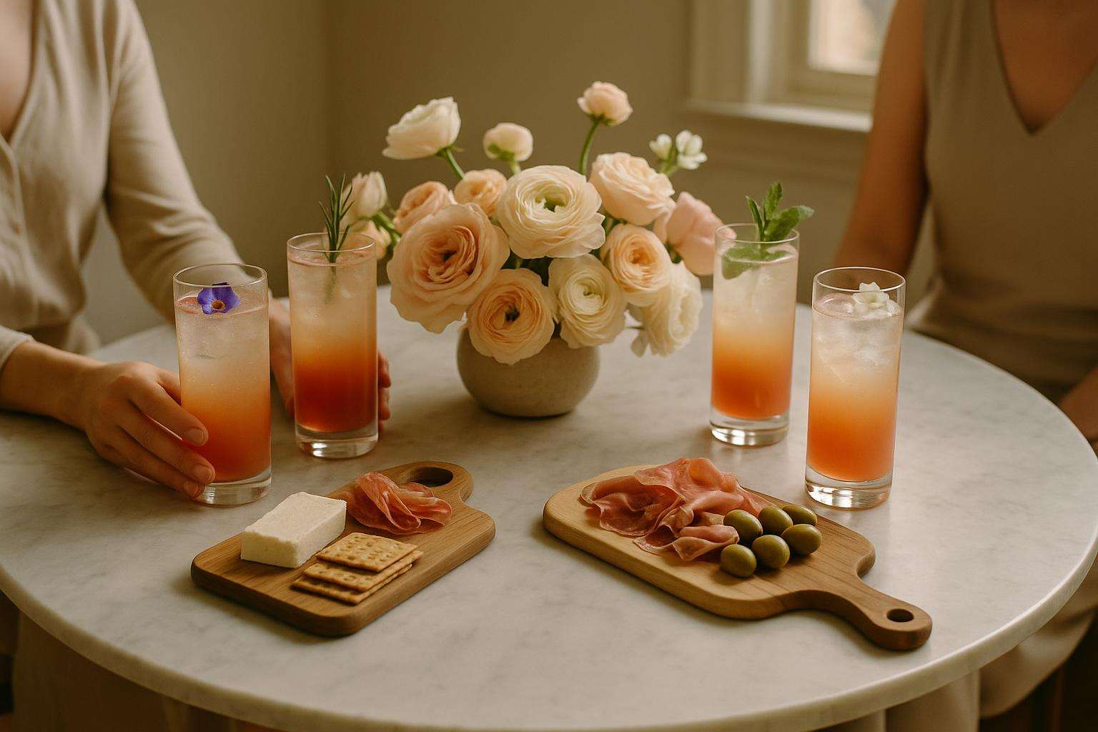 A beautiful table set with elegant mocktail drinks in crystal glassware, fresh florals, and artisan snacks for a sober bachelorette gathering