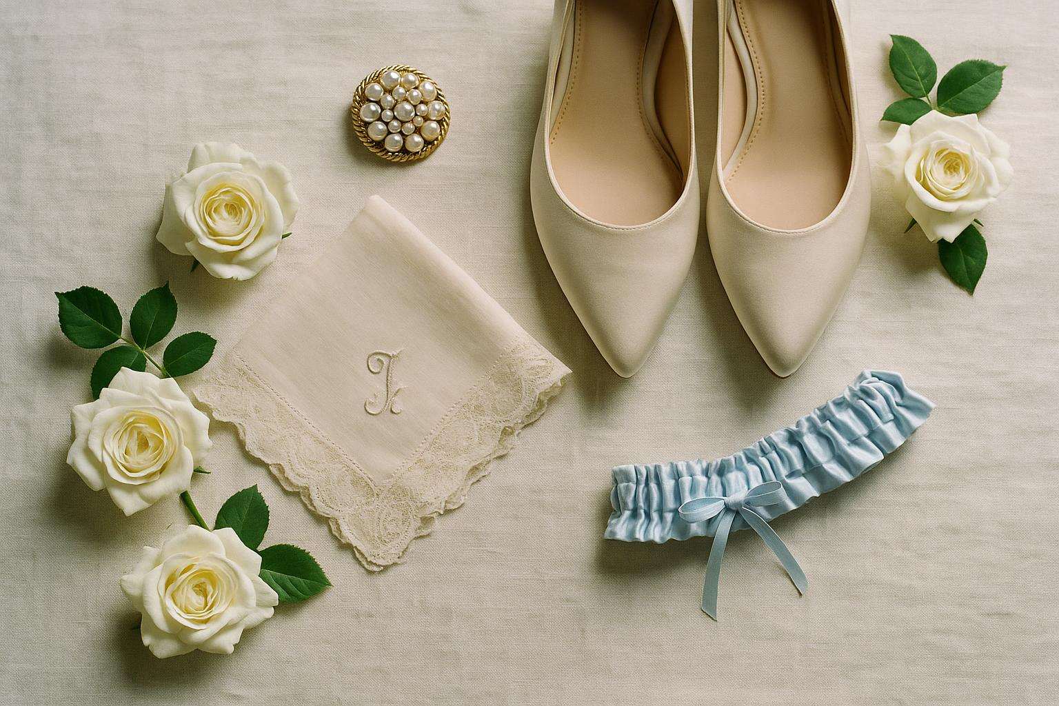 A close flat-lay detail of a bridal morning-of tray with a vintage pearl brooch, new ivory satin heels, a borrowed lace handkerchief, and a small blue garter ribbon on white linen with soft natural light.
