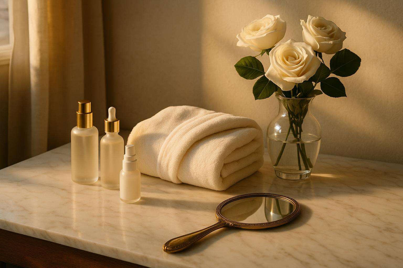 A bride's elegant bare shoulder and arm catching golden afternoon light, showing a warm, even sun-kissed glow against a soft white backdrop with scattered rose petals