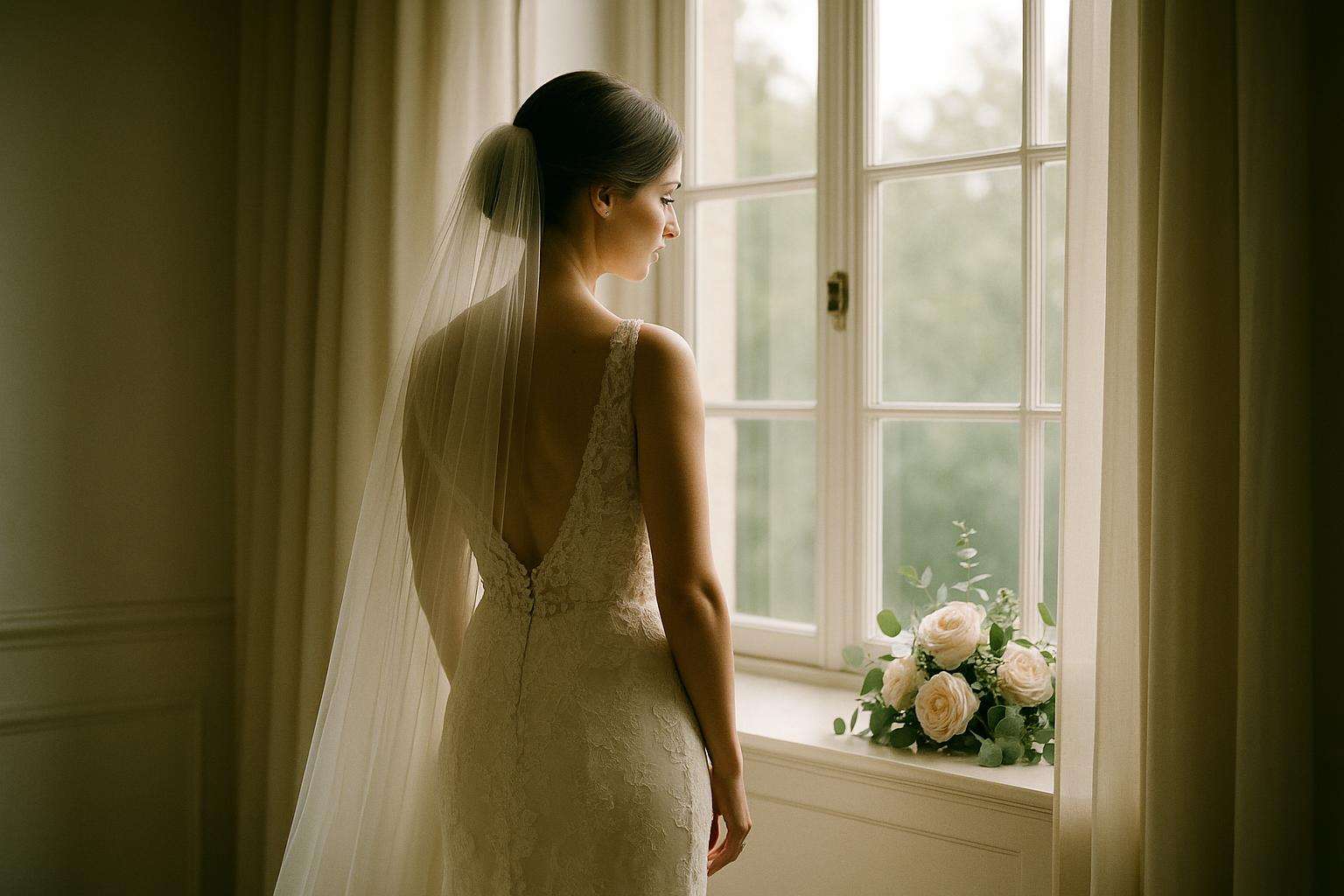A bride standing in soft morning light by a window, bouquet resting on a white surface nearby, looking peacefully out at a garden below