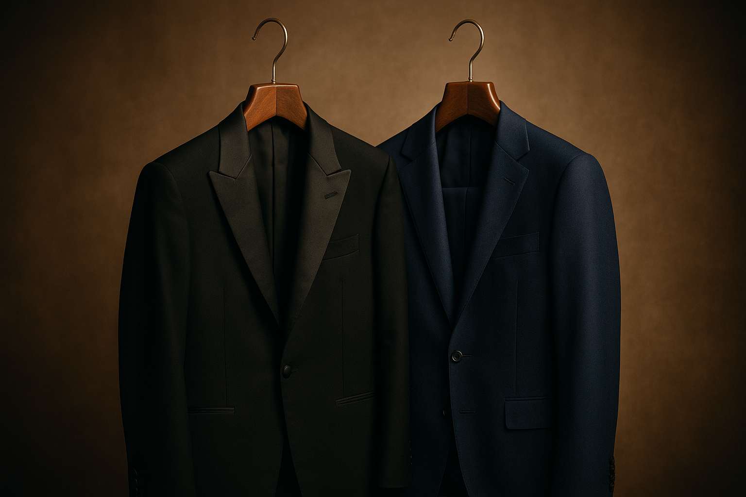 A finely tailored dark tuxedo jacket beside a navy suit jacket displayed in warm light on elegant wooden hangers in a bridal boutique
