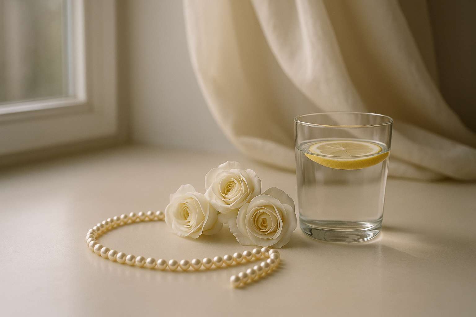 A close detail of a bridal beauty vanity with a pearl necklace, fresh white flowers, and soft morning light suggesting an elegant pre-wedding beauty preparation