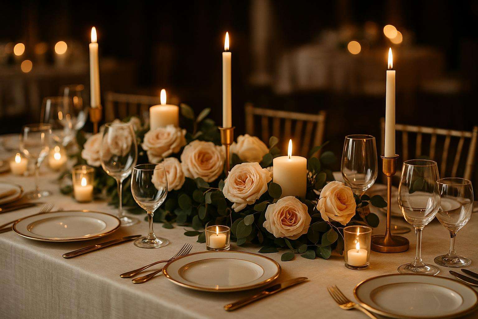 An elegantly set wedding reception table featuring ivory linen, blush garden roses, deep green eucalyptus foliage, and gold candleholders in warm evening light