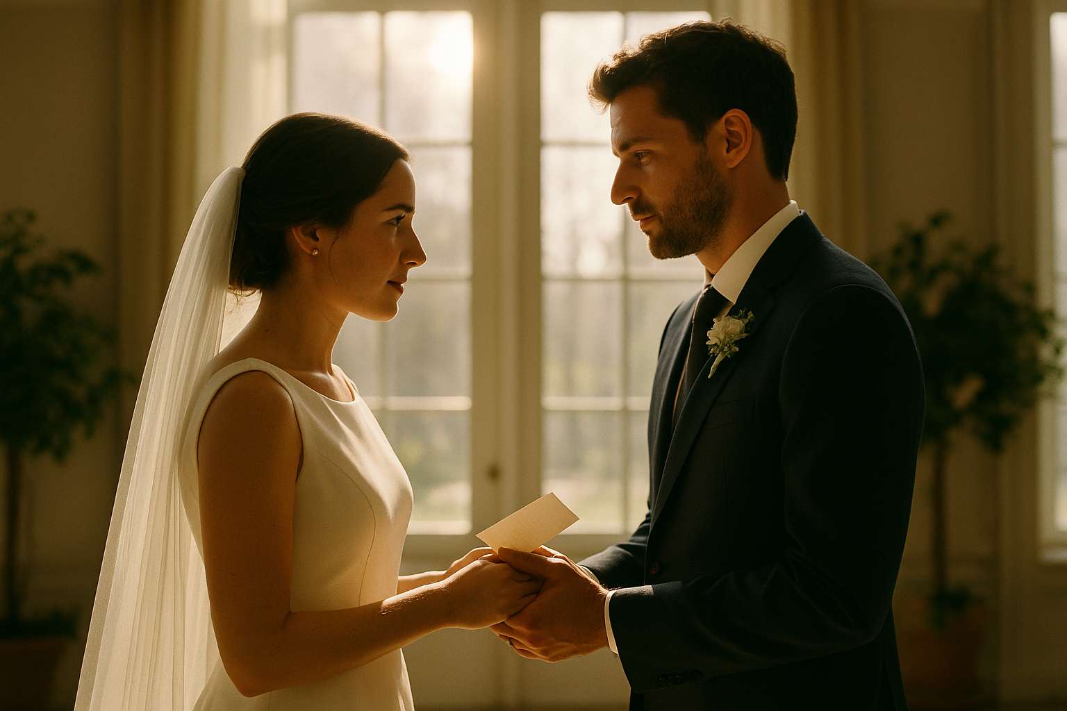 A bride and groom facing each other during their ceremony vow exchange, morning light, soft focus on their hands
