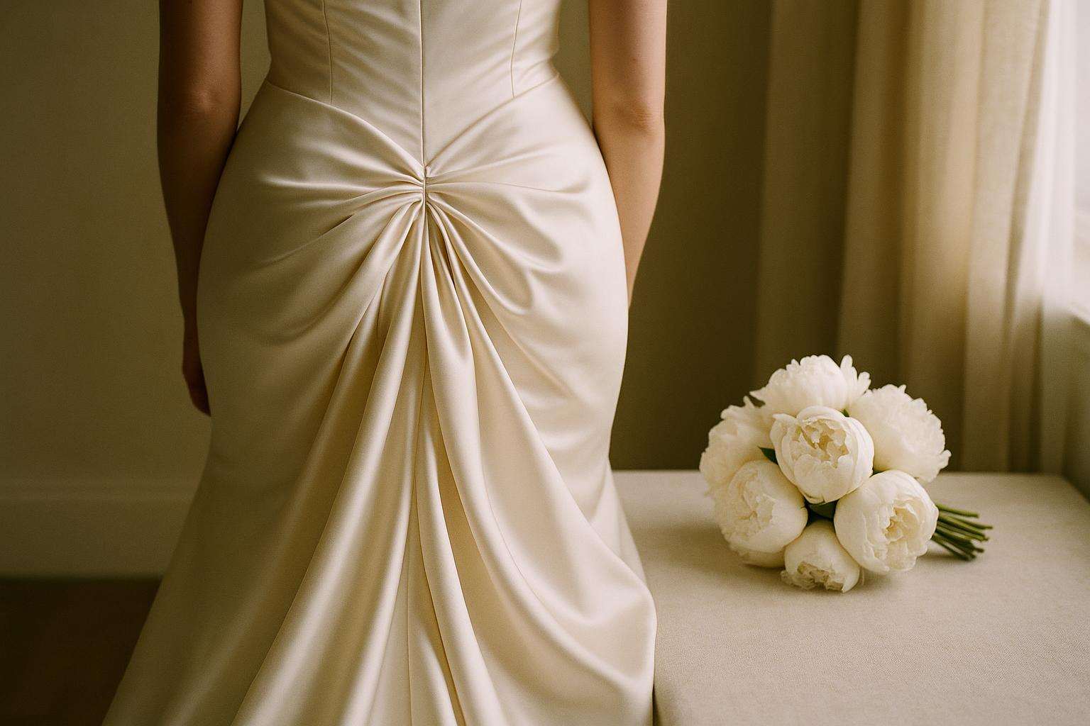 The back of an elegantly bustled wedding gown in ivory satin, soft fabric draped at the back, bouquet detail visible, soft studio light