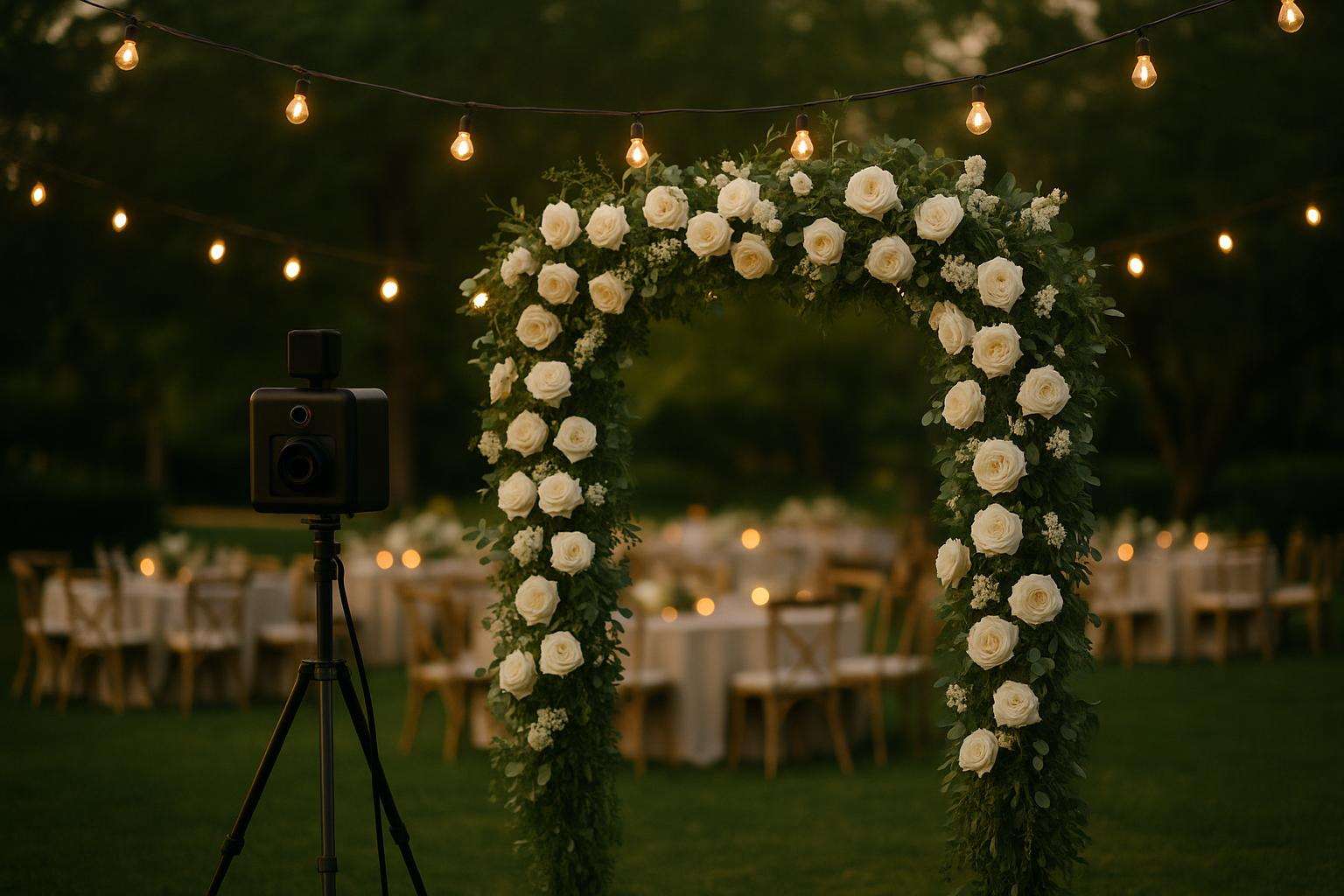 A beautifully styled open-air photo booth setup at an outdoor wedding reception, with a floral arch backdrop, soft white draping, and warm evening light
