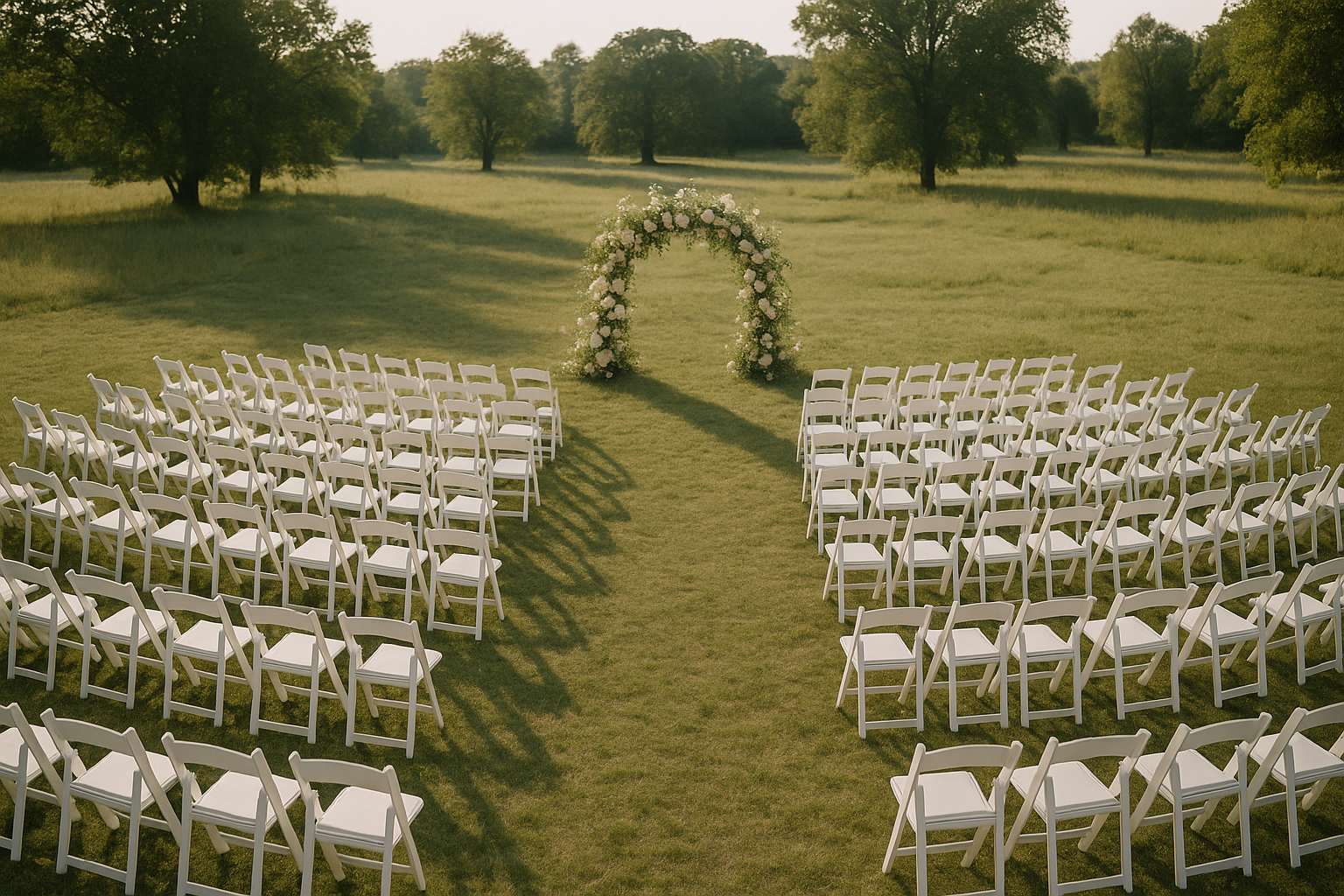 An airy overhead view of a sunlit outdoor wedding ceremony space with rows of white wooden chairs, a floral arch framing an open landscape of rolling hills and golden meadow grasses
