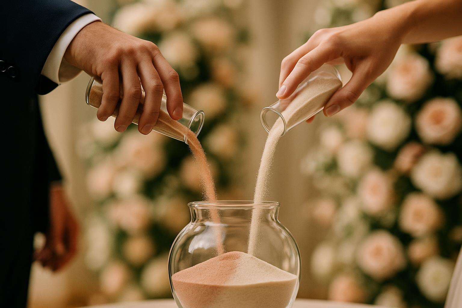 Two pairs of hands gently pouring colored sand from small glass vials into a larger vessel during a wedding ceremony, with soft floral arrangements visible in the background