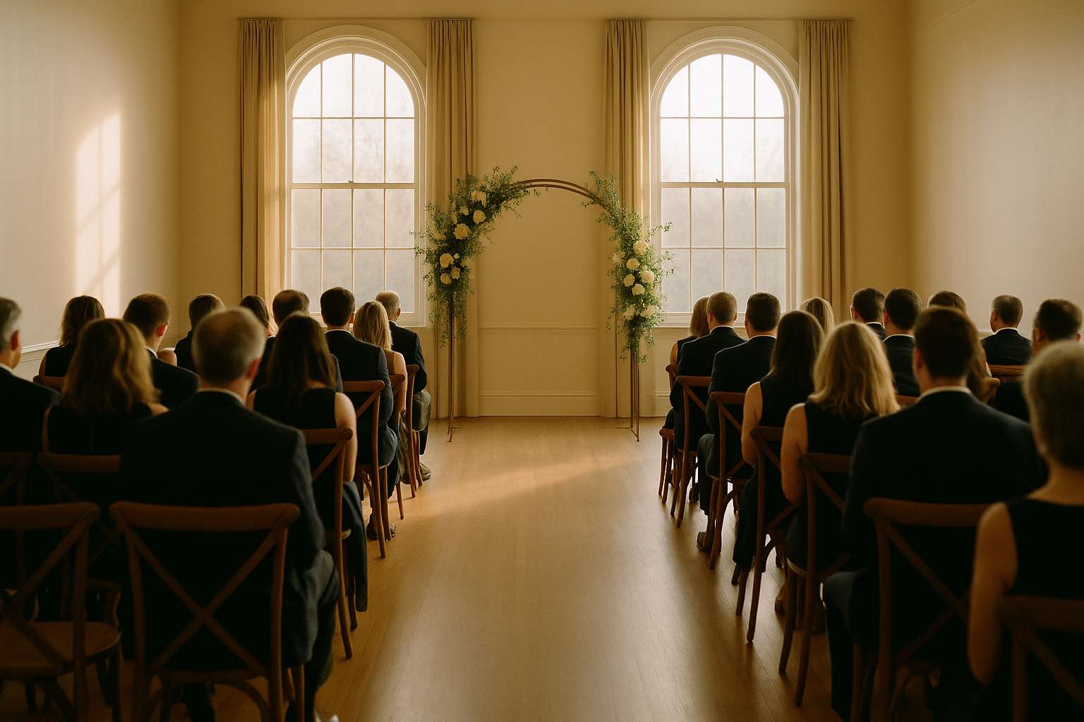 A sunlit wedding ceremony aisle with rows of guests fully attentive to the couple at the altar, soft natural light pouring through tall windows, no devices visible