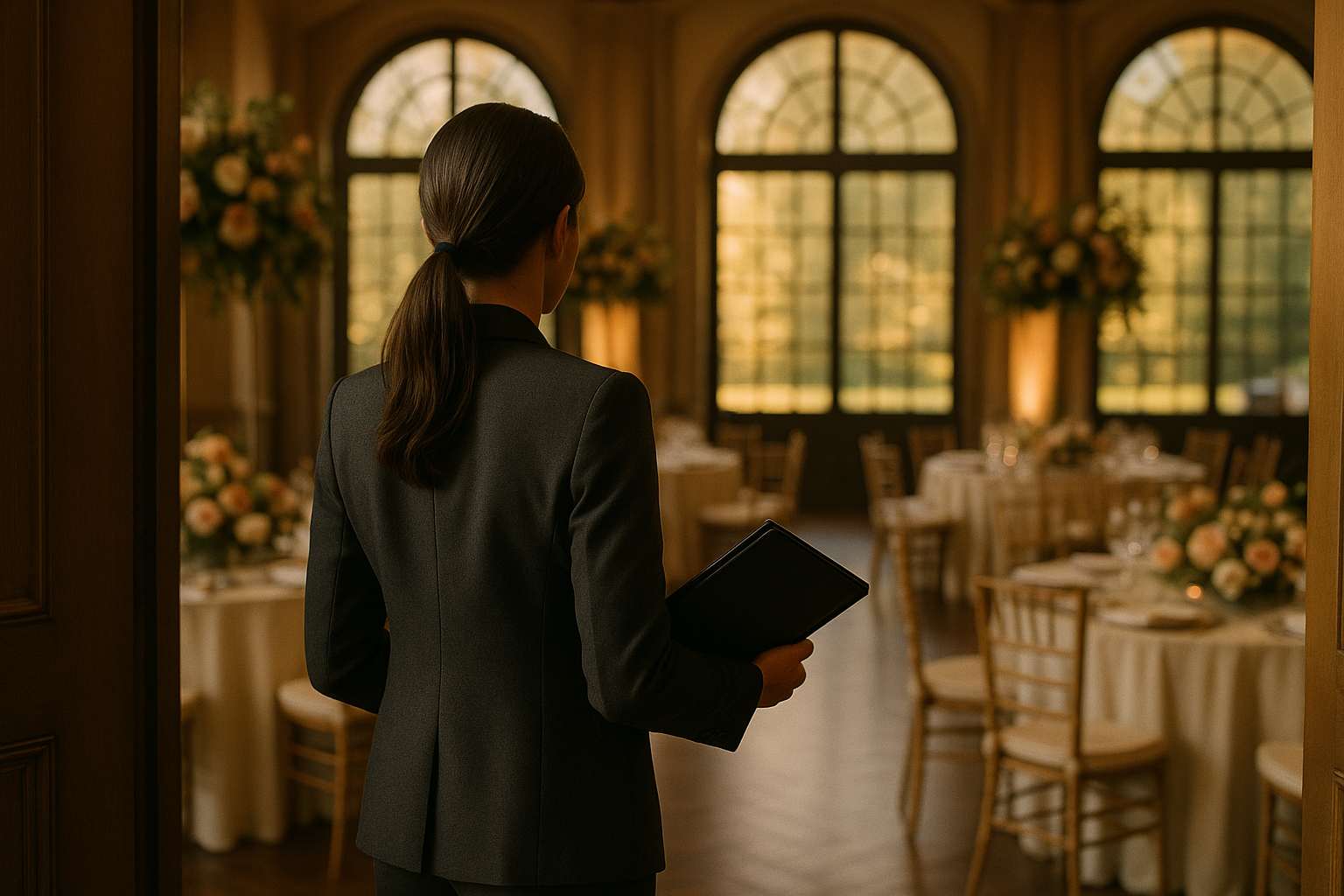 An elegantly dressed woman with a clipboard reviewing a flower-filled reception space while soft golden light streams through tall windows