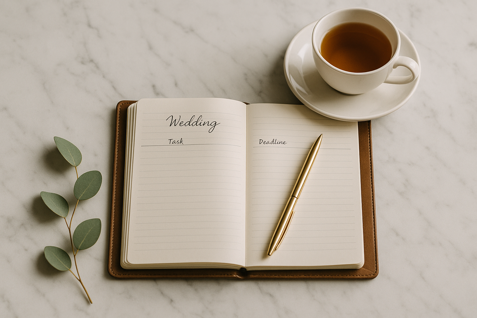 A beautifully styled flat lay of wedding planning stationery — a leather-bound notebook open to a budget worksheet, a gold pen, a small eucalyptus sprig, and a cup of tea — on a white marble surface in soft natural light.