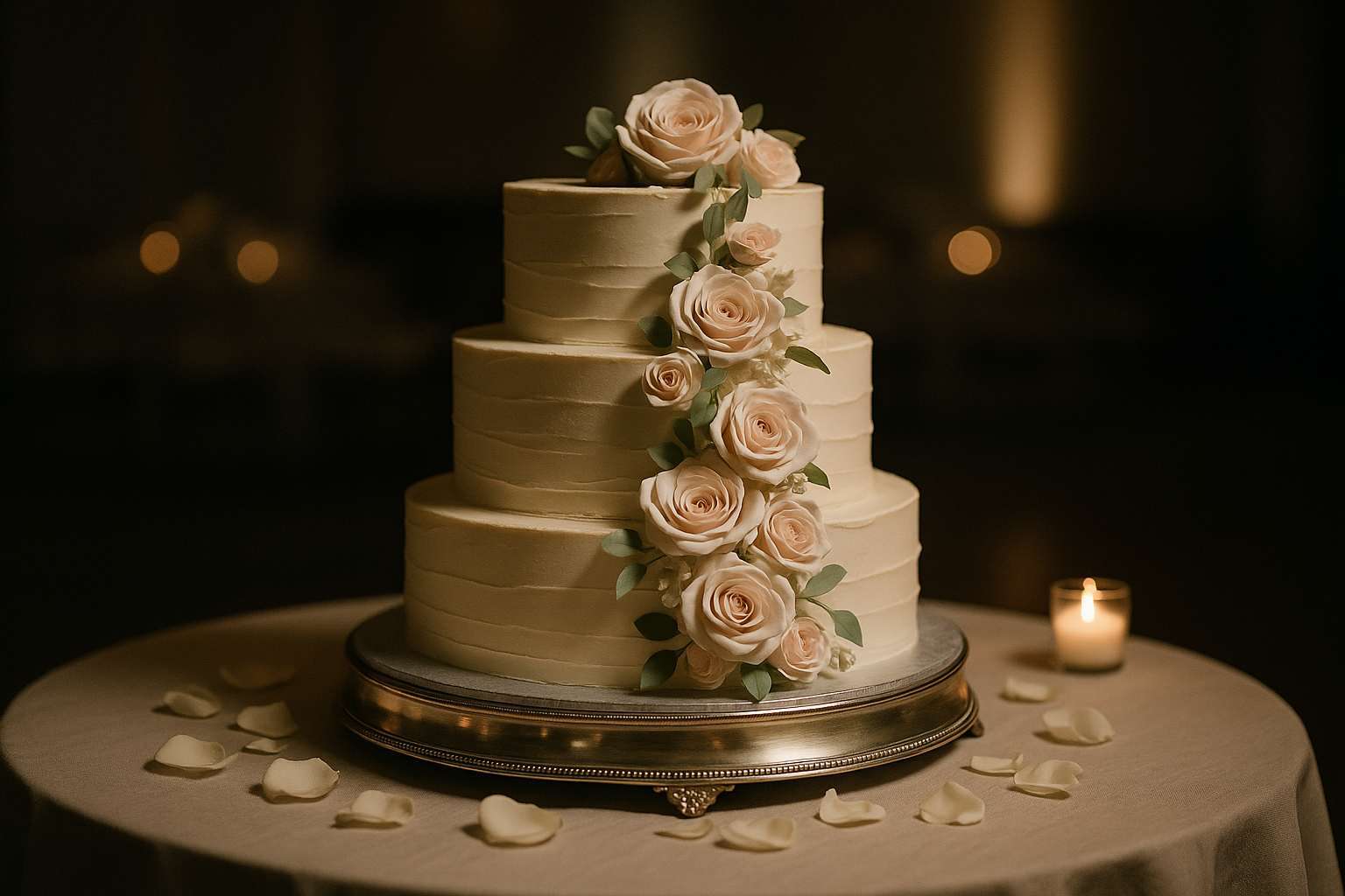 Elegantly decorated three-tier white wedding cake on a draped table, surrounded by fresh florals and soft candlelight