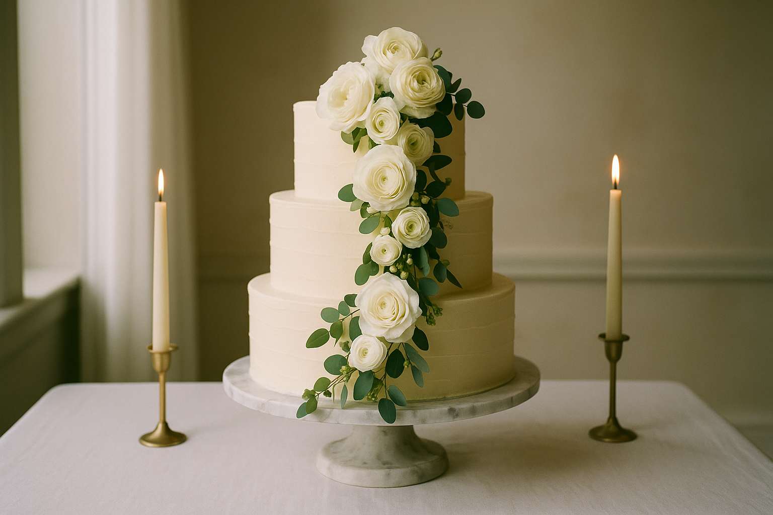 A three-tiered white wedding cake decorated with fresh white garden roses and greenery on a marble cake stand, surrounded by candles and florals on a draped reception table