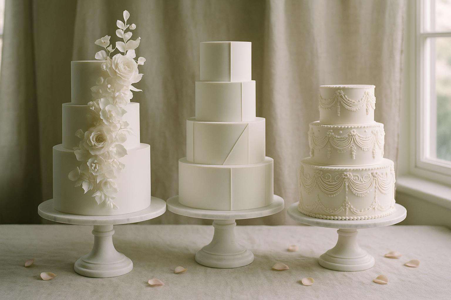 An elegant display of artisan wedding cakes on marble pedestals in a sunlit studio, showcasing botanical sugar work and sculptural tiers