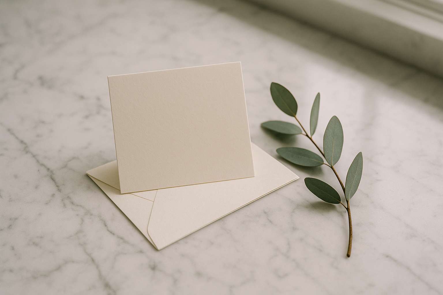 An elegant wedding registry card and small white envelope on a marble surface with a sprig of eucalyptus, in soft natural light