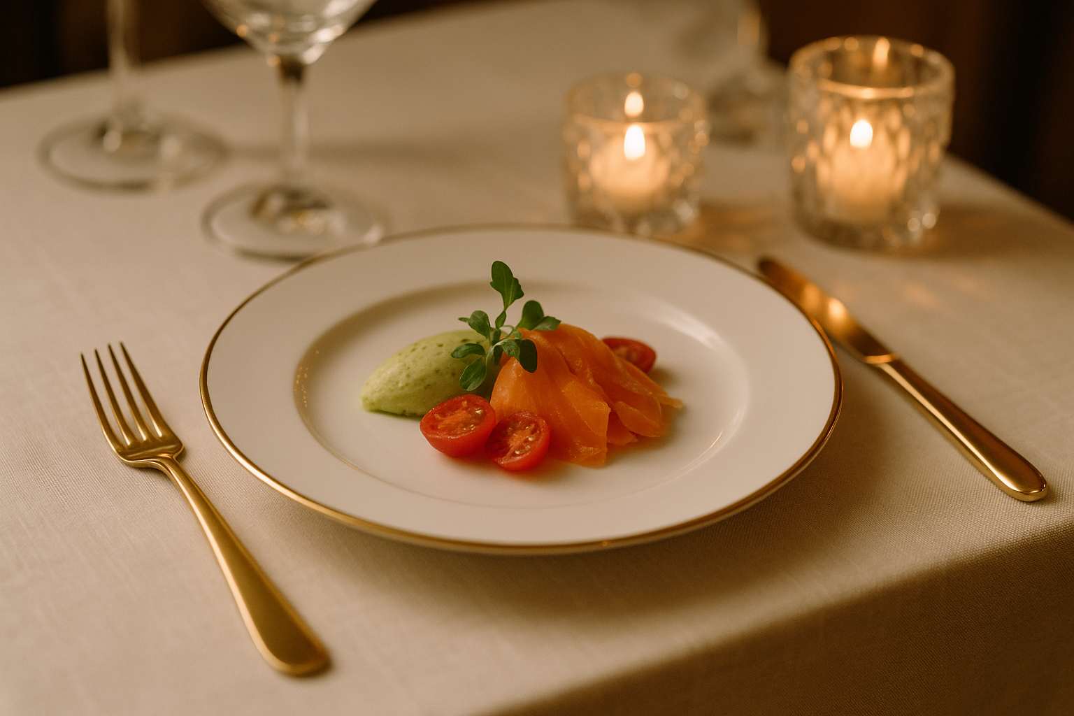 Elegantly plated wedding dinner course with white china, gold flatware, and a small floral garnish on a linen-covered table in a candlelit reception hall