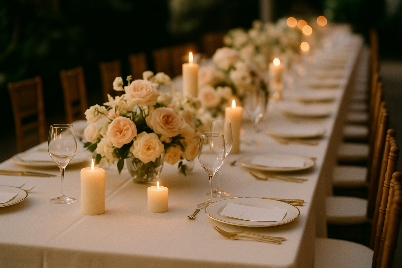 A beautifully styled wedding reception table set for dinner — white linen, candlelight, blush floral centerpieces, fine china and crystal glassware, elegant place settings with handwritten menu cards.