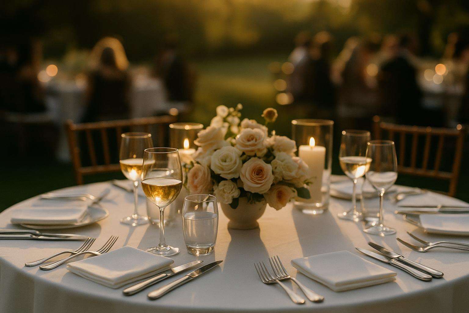 An elegantly set wedding dinner table with white linen, seasonal floral centerpieces, and polished silverware ready for a formal reception