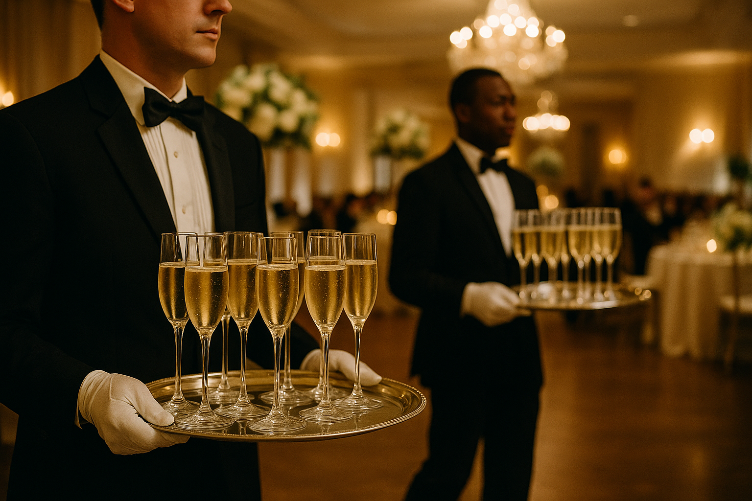 Elegant white-gloved servers carrying polished silver trays of champagne through a warmly lit reception hall with round tables dressed in ivory linen and floral centerpieces