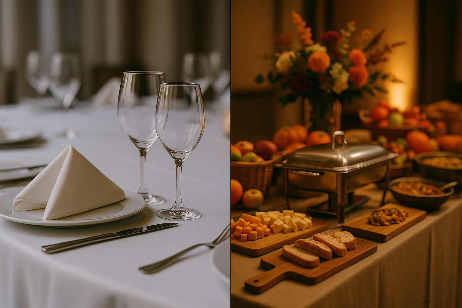 An elegantly set wedding reception table with white linen and fine china beside a beautifully styled food station with wooden boards and seasonal arrangements