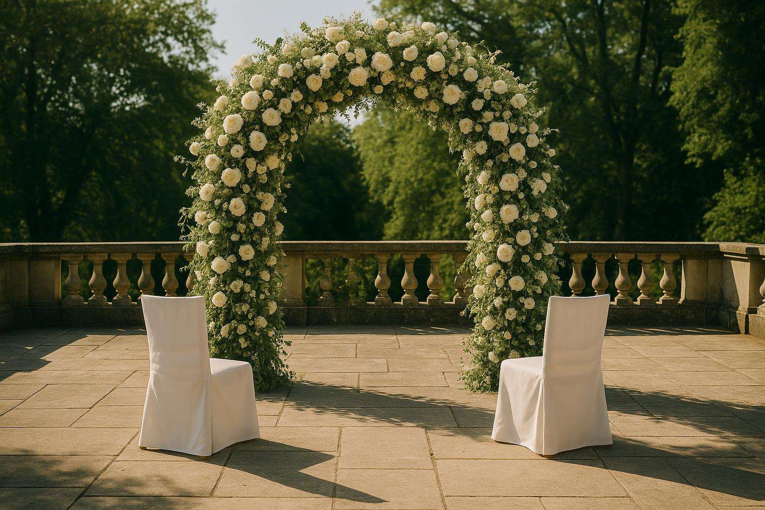 A full floral wedding ceremony arch covered in white garden roses, ivory lisianthus, and trailing greenery framing an outdoor stone terrace altar with soft afternoon light.