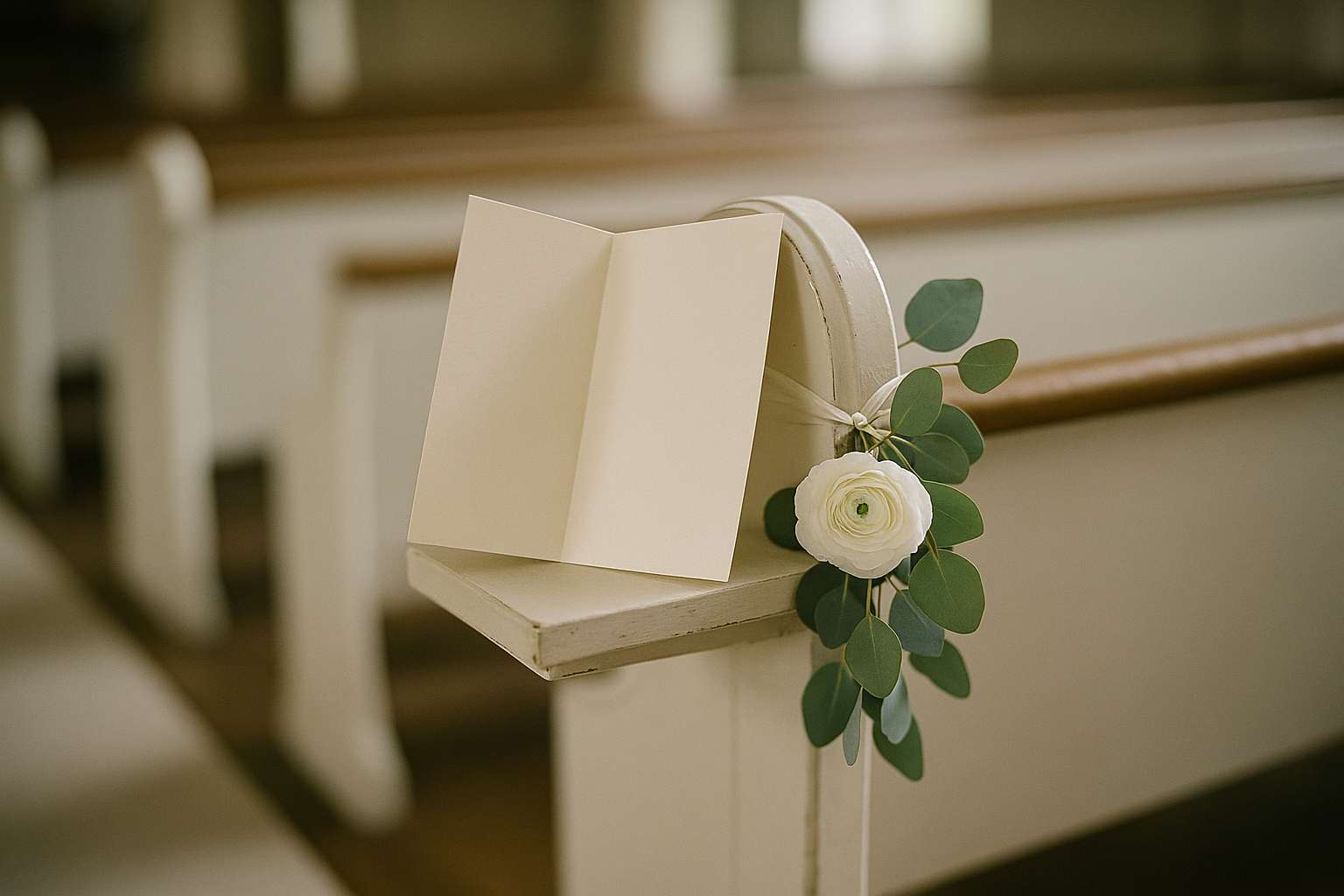 An elegant folded wedding ceremony program resting on a white pew end decorated with a small eucalyptus and white flower arrangement, soft natural light