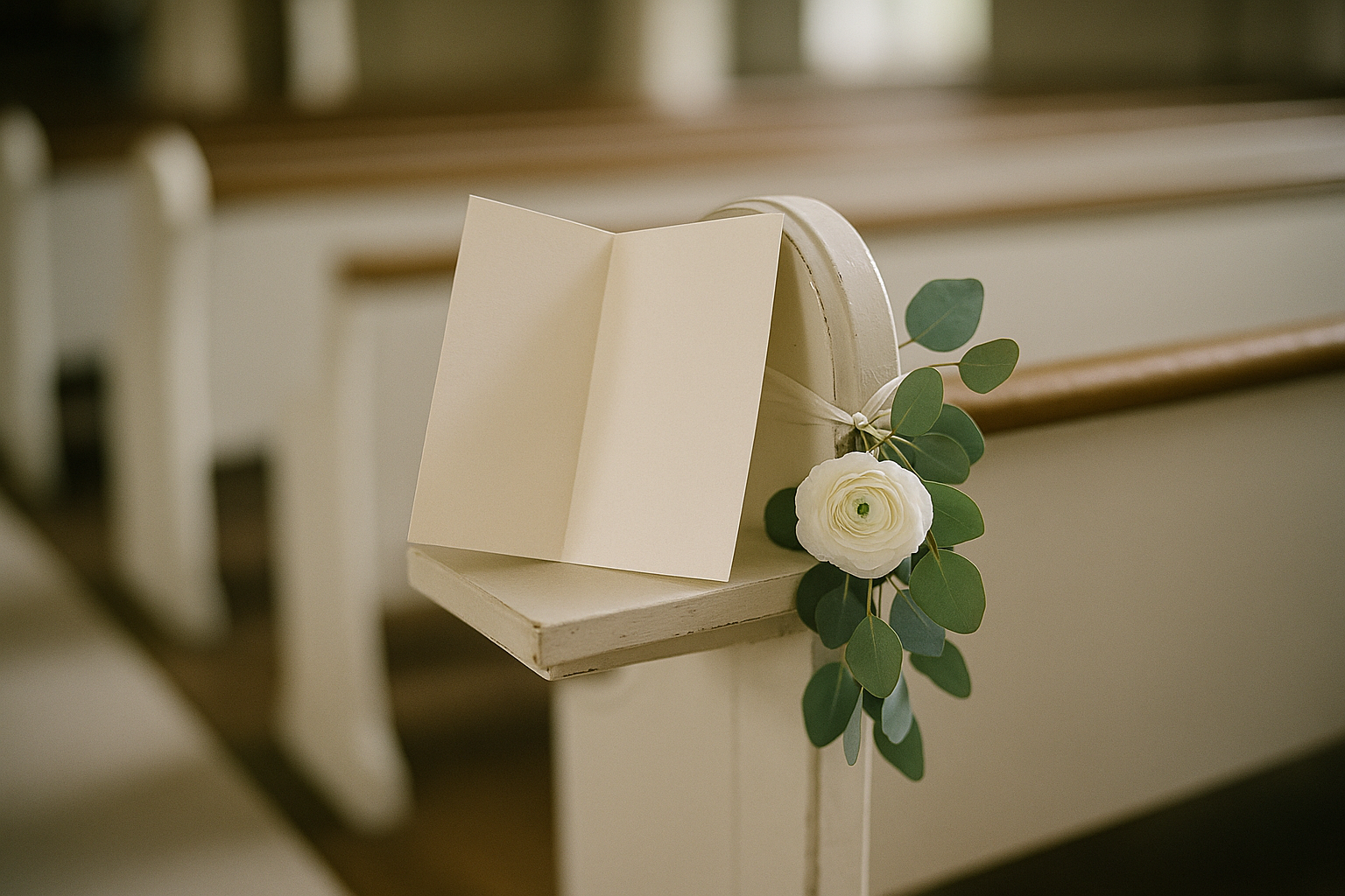An elegant folded wedding ceremony program resting on a white pew end decorated with a small eucalyptus and white flower arrangement, soft natural light