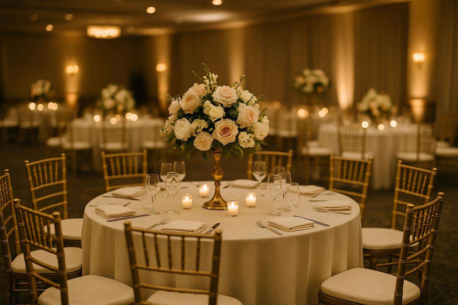 Elegant gold Chiavari chairs with ivory cushions arranged at beautifully set reception tables in a warmly lit ballroom with floral centerpieces