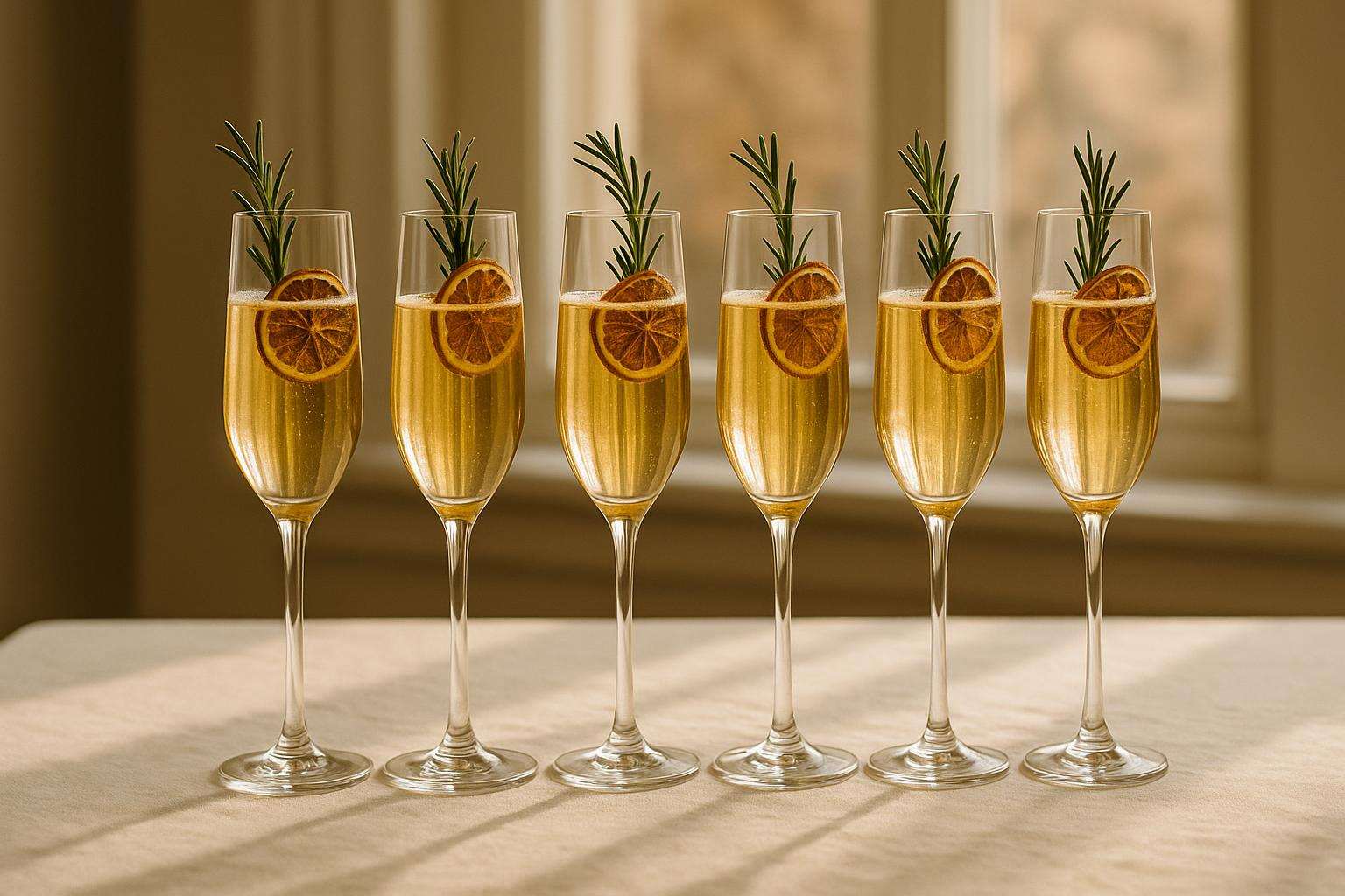 A row of elegant flute glasses filled with a golden sparkling beverage and garnished with fresh herbs and dried citrus, arranged on a linen-draped table with soft afternoon light