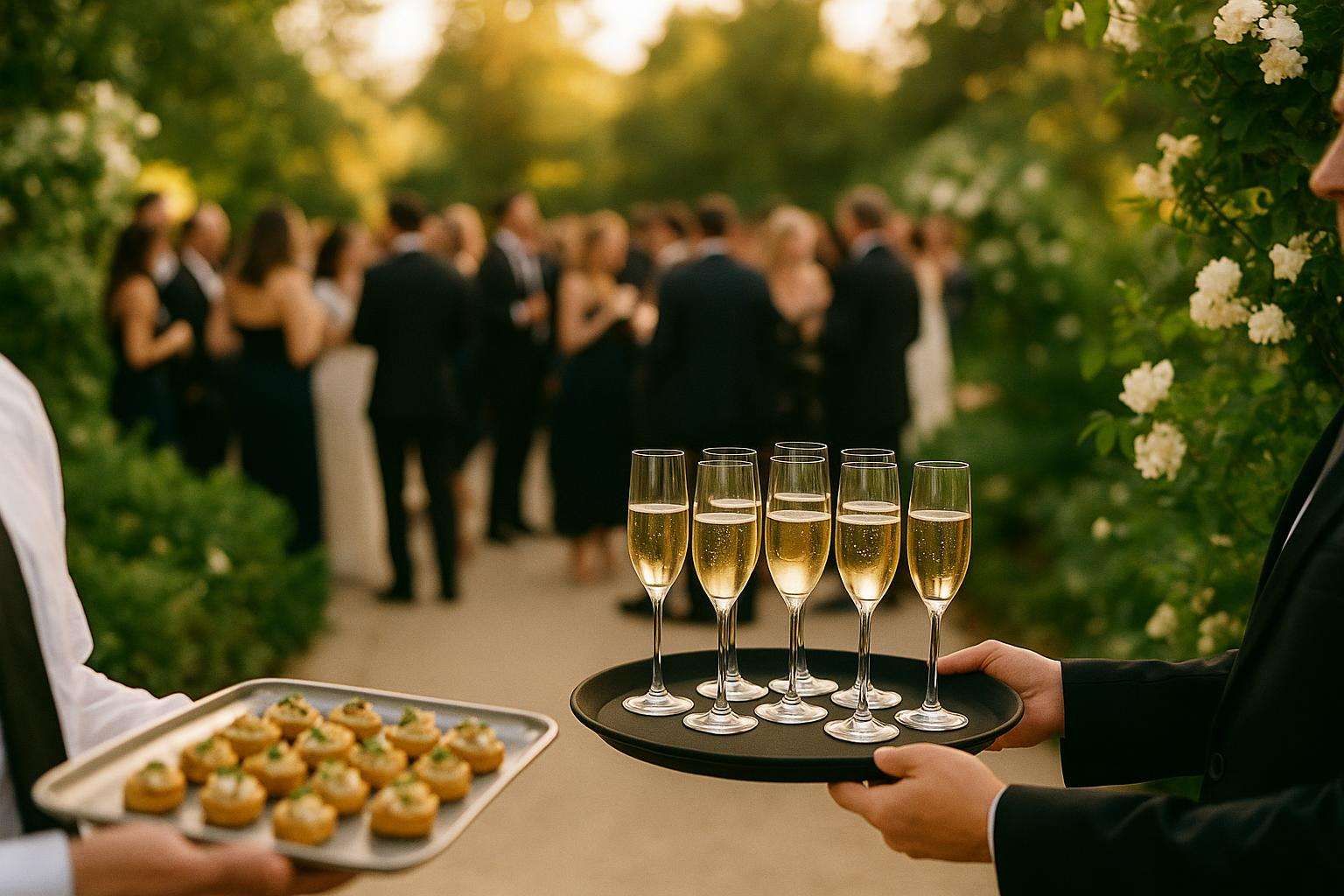 Guests gathered at an outdoor wedding cocktail hour with passed champagne, garden greenery, and soft afternoon light, no identifiable faces visible