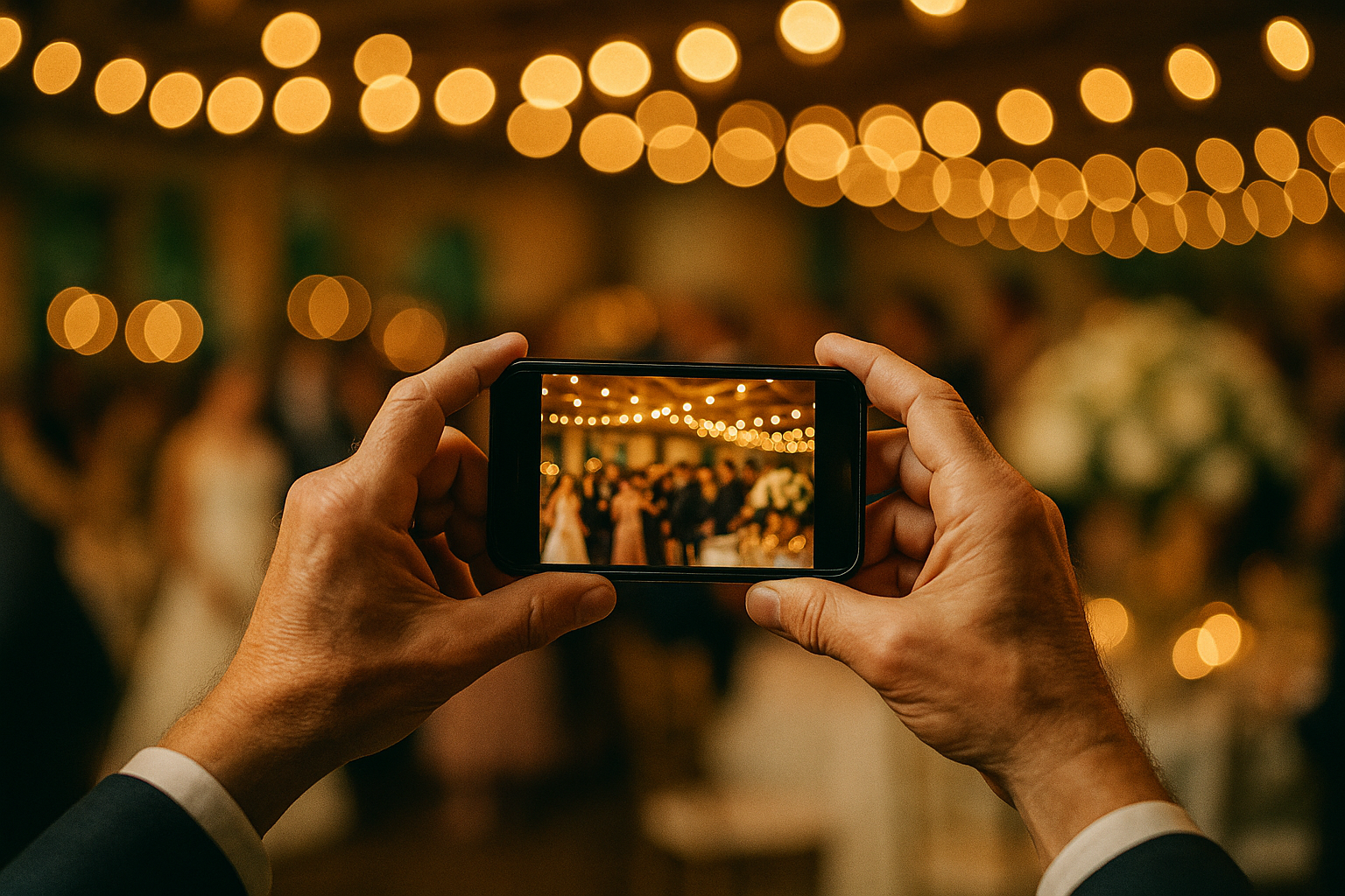 A close-up of hands holding a smartphone capturing a candid moment at a wedding reception — blurred fairy lights and floral arrangements in the soft background