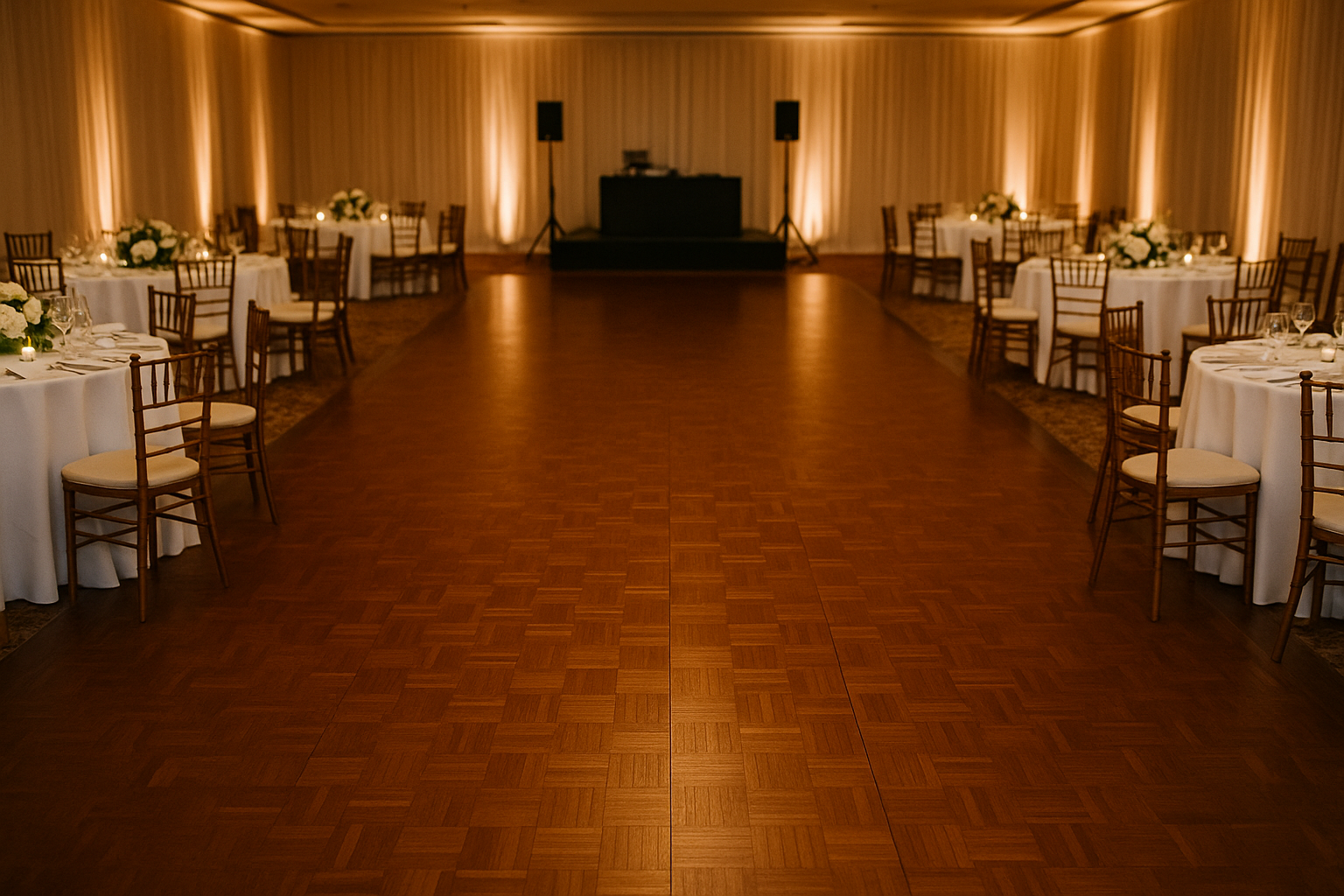 Elegant empty wedding dance floor with a warm parquet wood surface, surrounded by candle-lit reception tables and soft ambient lighting, ready for the first dance