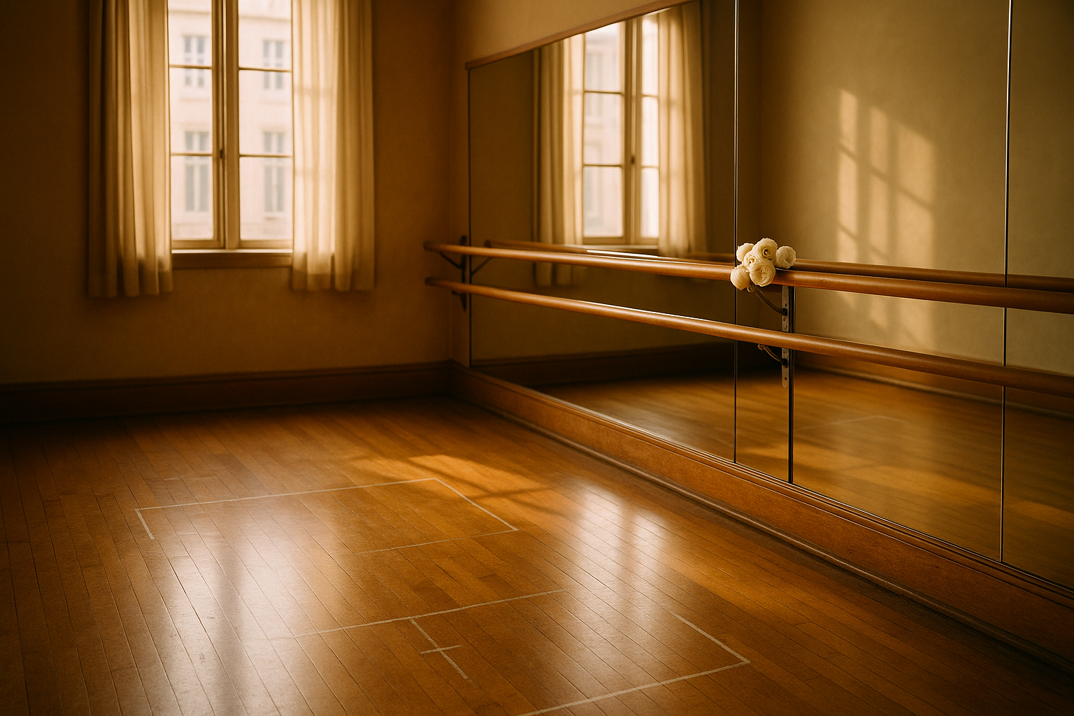 A warmly lit dance studio with wooden floors and mirrors, a single couple's position marked on the floor with chalk, flowers and a bridal veil visible at the side