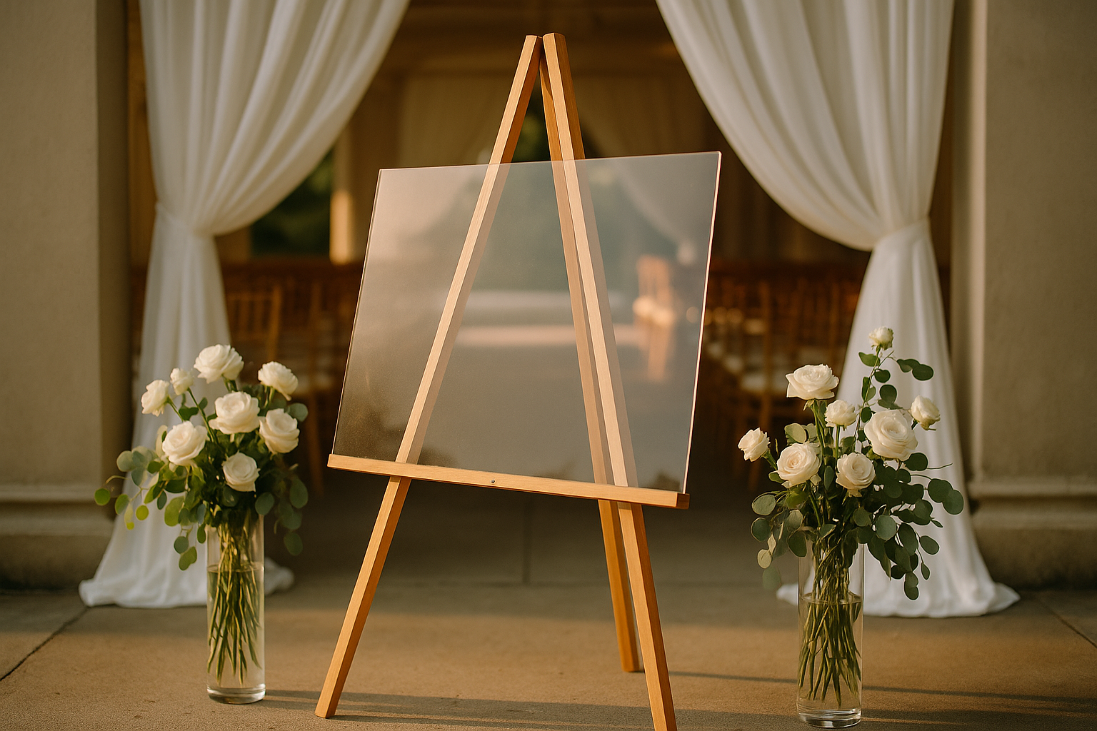 An elegant acrylic welcome sign with gold lettering resting on a wooden easel surrounded by white floral arrangements at a wedding ceremony entrance