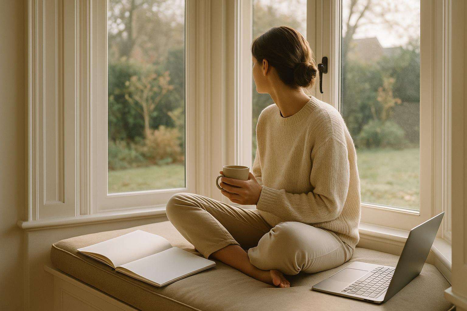 A bride sits in a sunlit bay window with a cup of tea, surrounded by open planning binders and a laptop, looking out the window with a calm, thoughtful expression — a moment of pause in the planning process