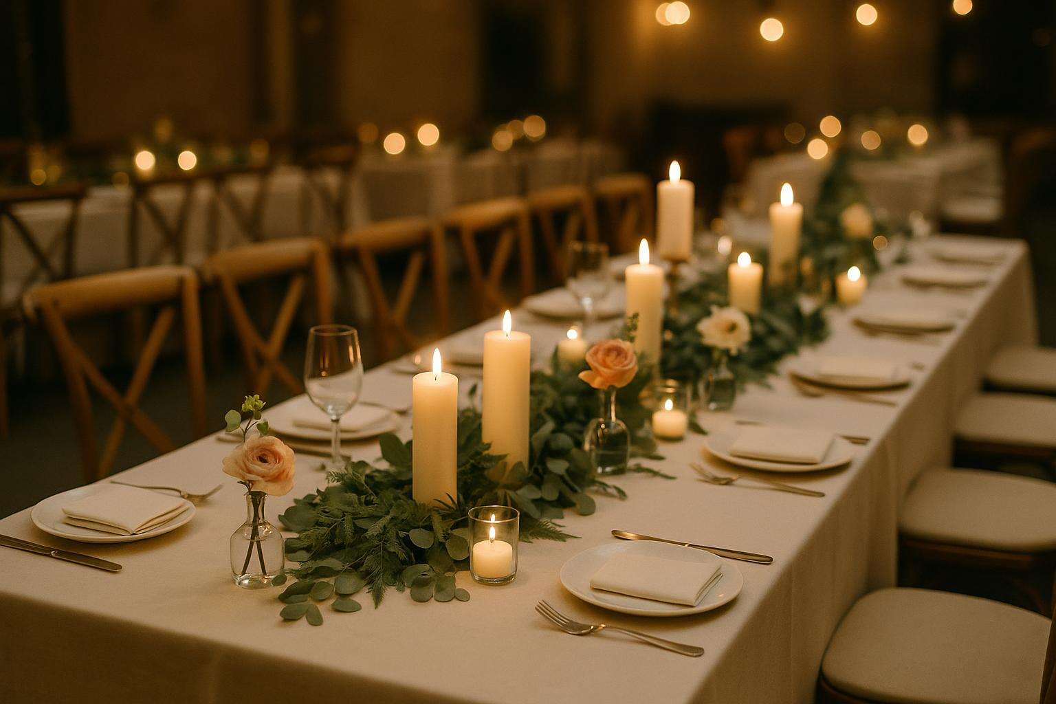 A beautifully decorated wedding reception tablescape with candles, greenery runners, and bud vases on a linen tablecloth — romantic and abundant-looking despite a modest budget