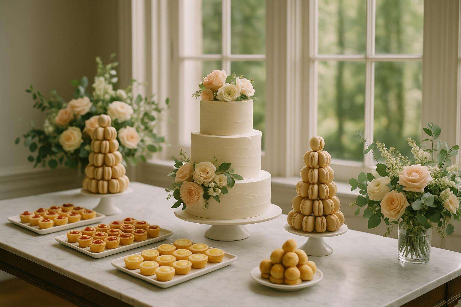 A lush wedding dessert table with a floral centerpiece, tiered cake, mini tarts, macaron towers, and fresh flowers in blush and cream tones