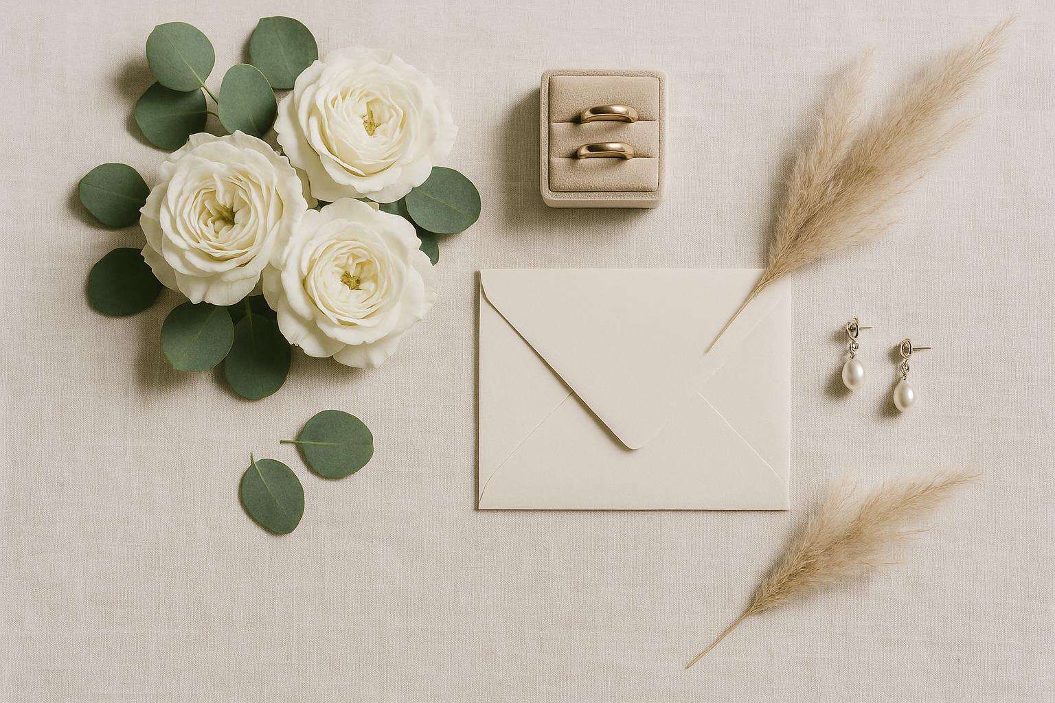 Styled flat-lay of wedding detail items — rings in a box, white floral bouquet, invitation suite, and pearl earrings on linen