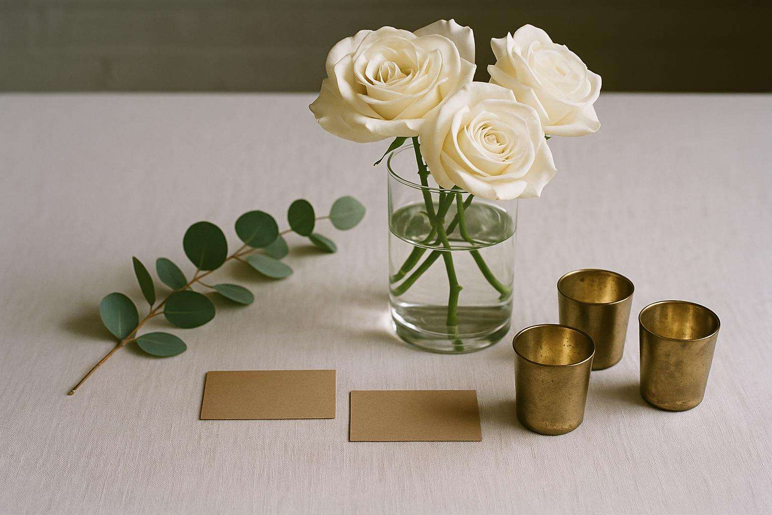 A beautifully styled wedding centerpiece featuring white garden roses, eucalyptus, and votives in a simple glass vessel on a white linen tablecloth