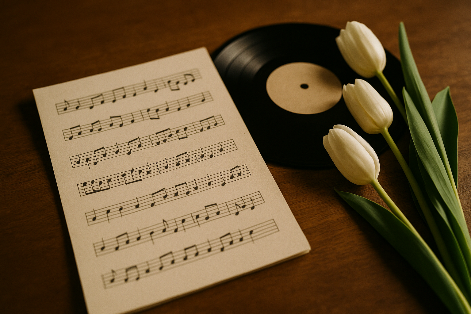 A handwritten wedding music planning list on cream stationery beside a vinyl record and a small floral arrangement of white tulips on a wood surface