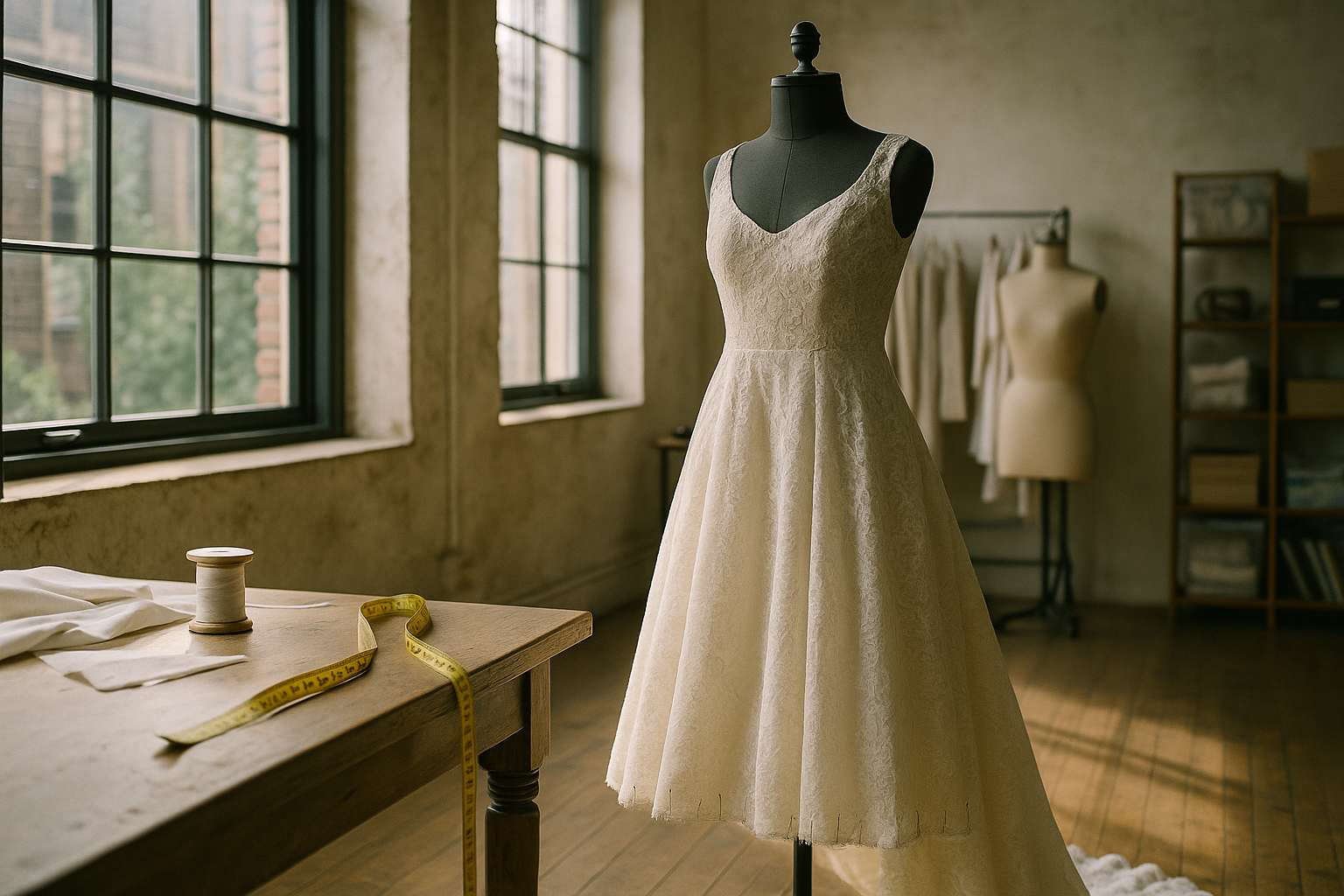 A bridal seamstress carefully pinning the hem of a lace wedding gown on a dress form in a sunlit studio, with measuring tape and silk thread nearby