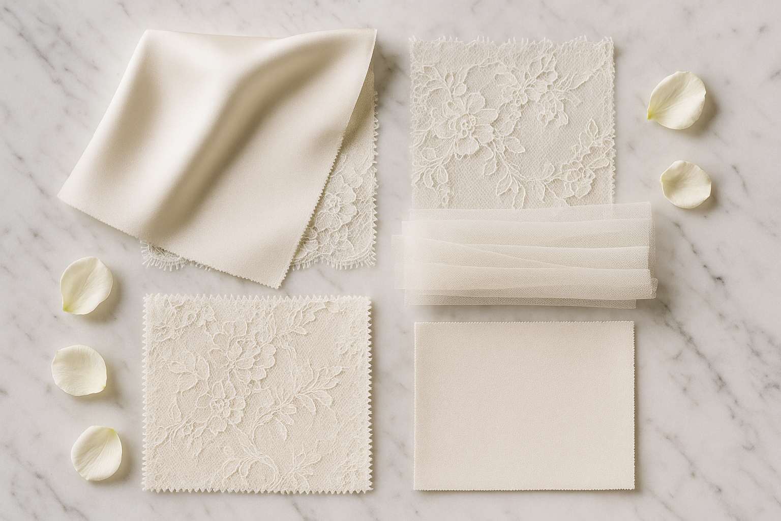 Swatches of ivory bridal fabrics — silk satin, Alençon lace, soft tulle, and matte crepe — arranged on a white marble surface in soft natural window light.