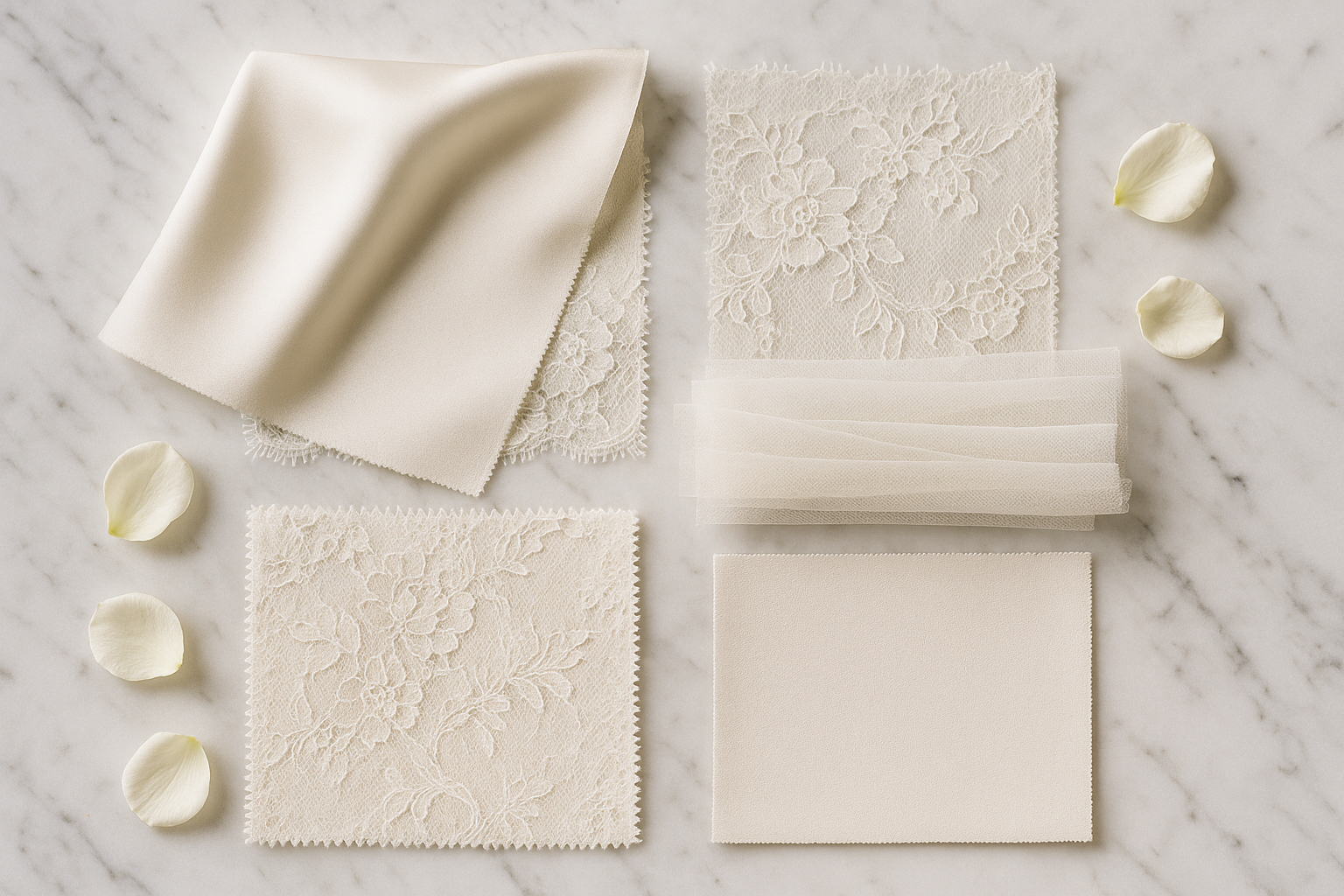 Swatches of ivory bridal fabrics — silk satin, Alençon lace, soft tulle, and matte crepe — arranged on a white marble surface in soft natural window light.