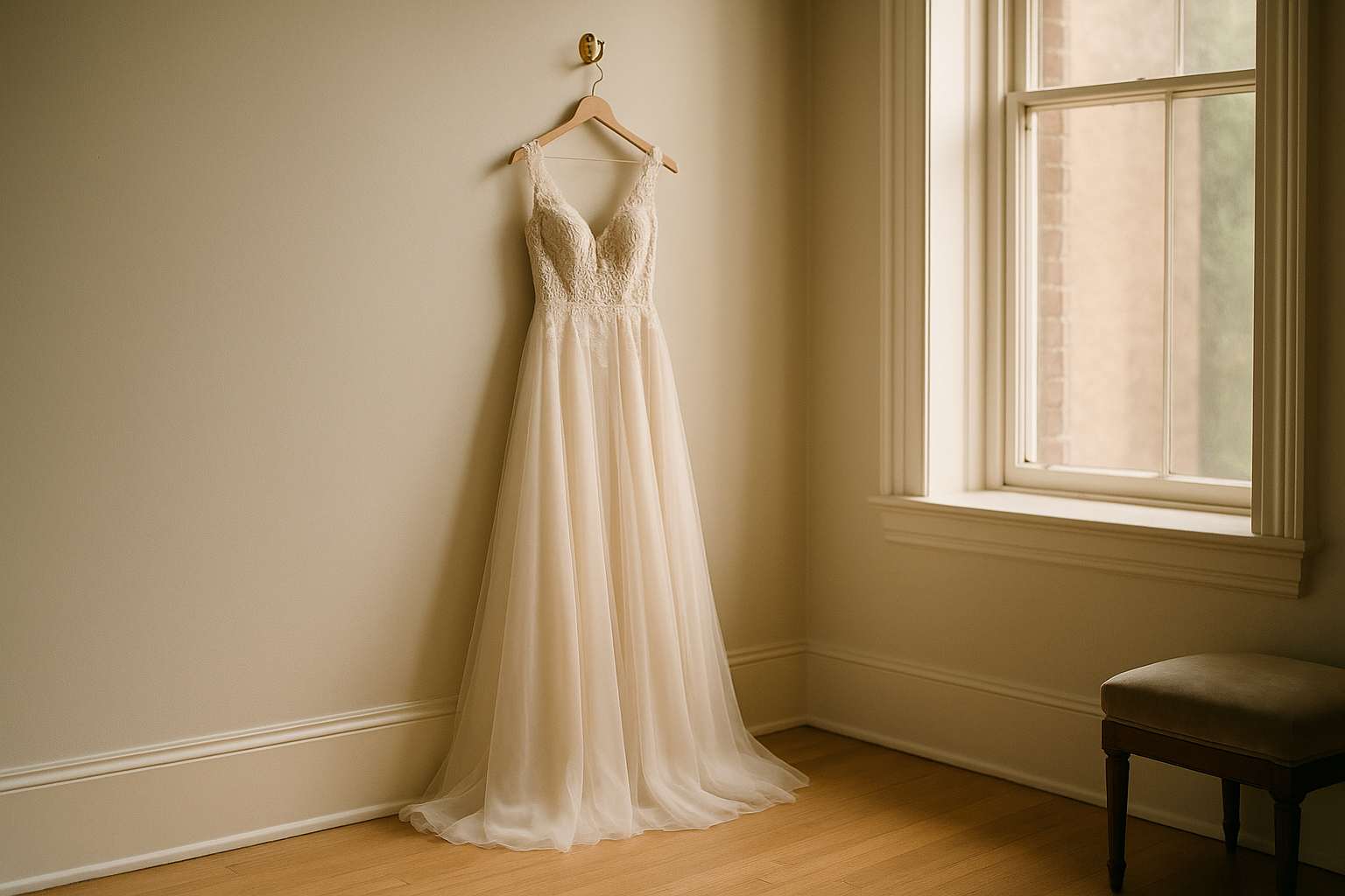 A beautiful wedding gown hanging on a padded satin hanger in a bridal boutique fitting room, with soft window light illuminating the lace bodice and flowing silk skirt