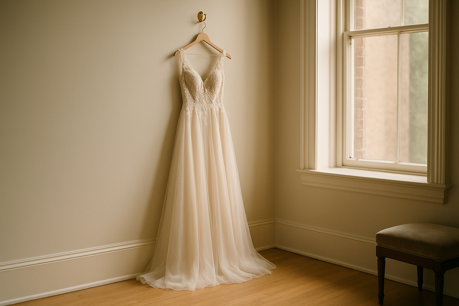 A beautiful wedding gown hanging on a padded satin hanger in a bridal boutique fitting room, with soft window light illuminating the lace bodice and flowing silk skirt