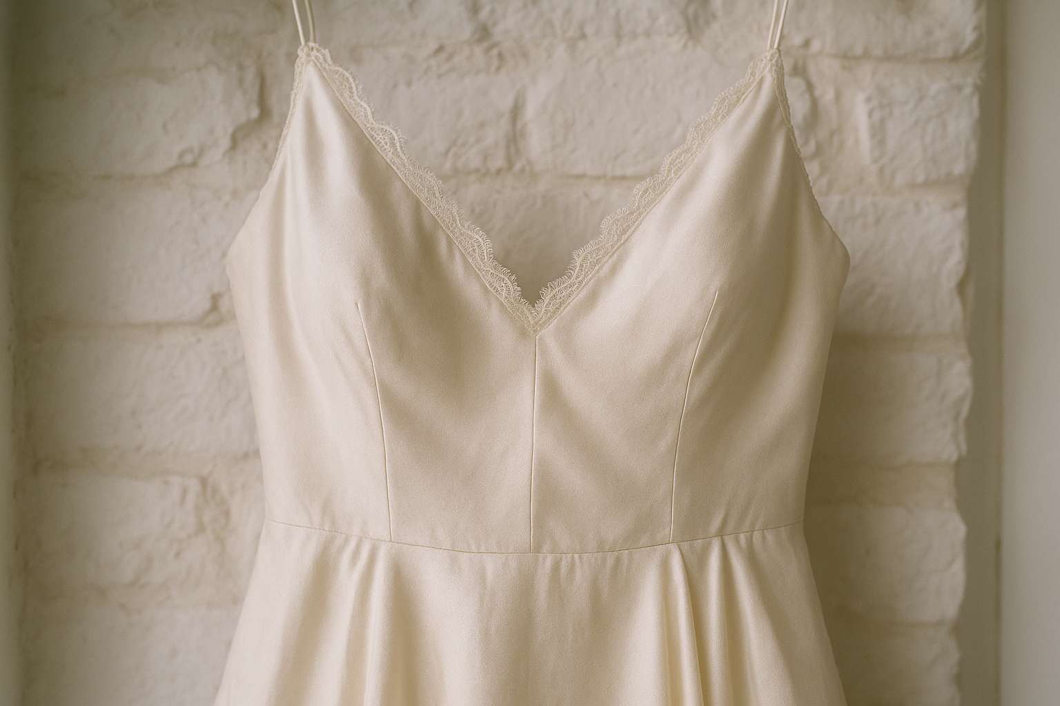 A close detail shot of a bridal gown neckline in soft ivory silk, with delicate lace trim along a sweetheart edge, soft natural window light illuminating the fabric texture